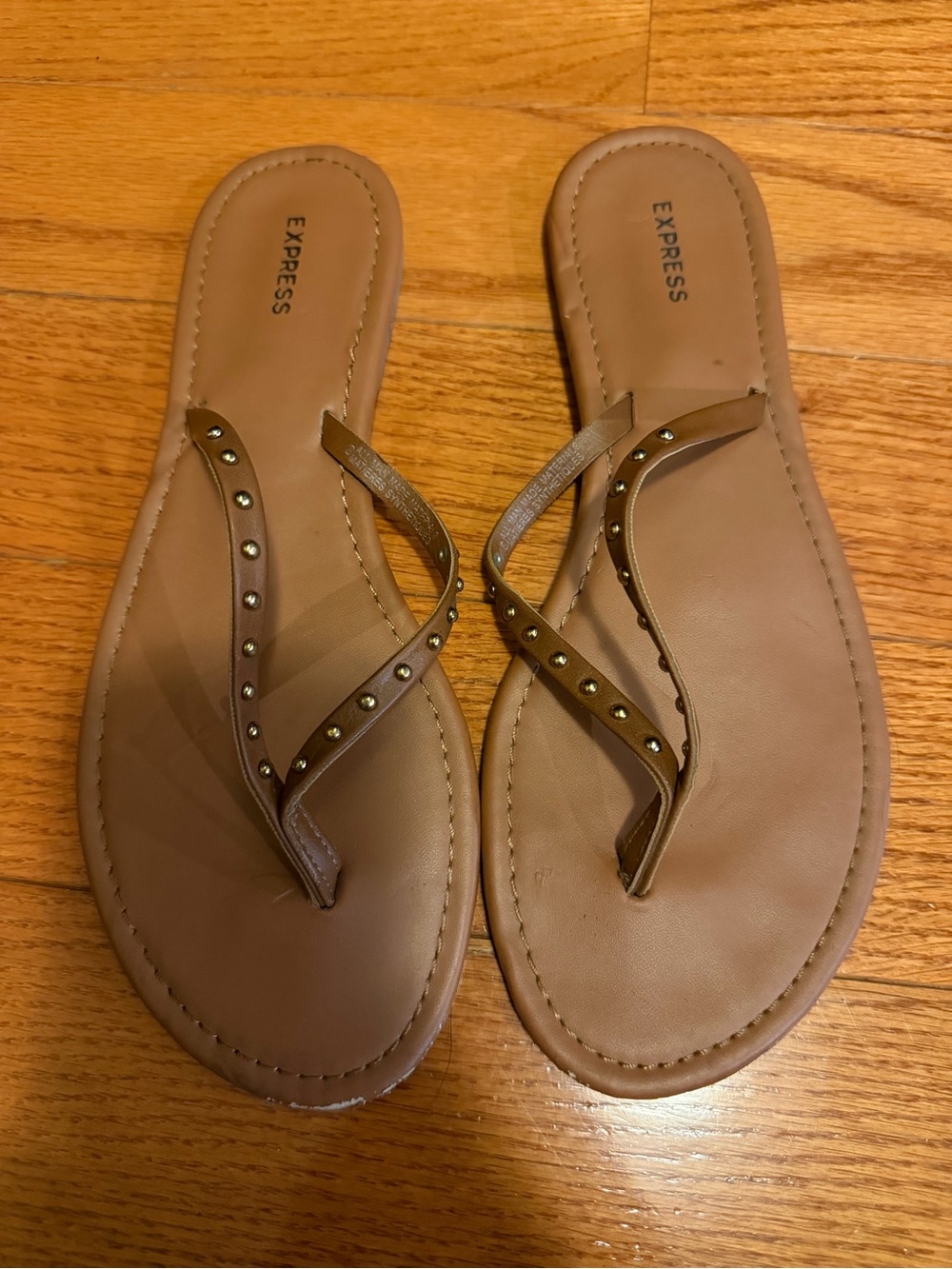Express Tan Studded Thong Sandals - Neutral Leather Straps